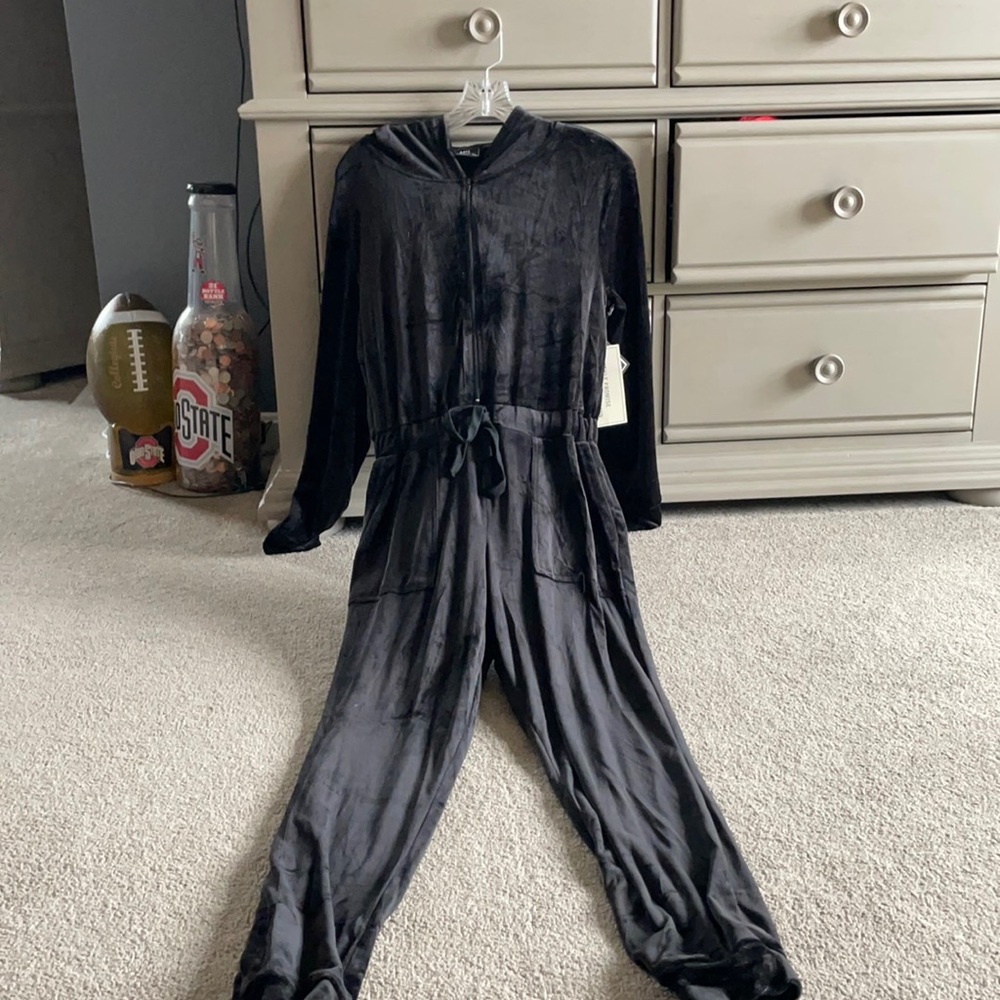 Have Fashion brand size small black velvet jumpsuit with hood and zipper